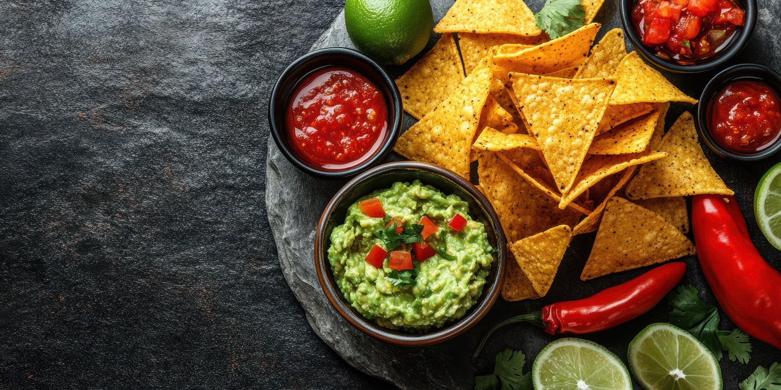 Colorful platter of nachos, guacamole, and salsas on a dark stone surface